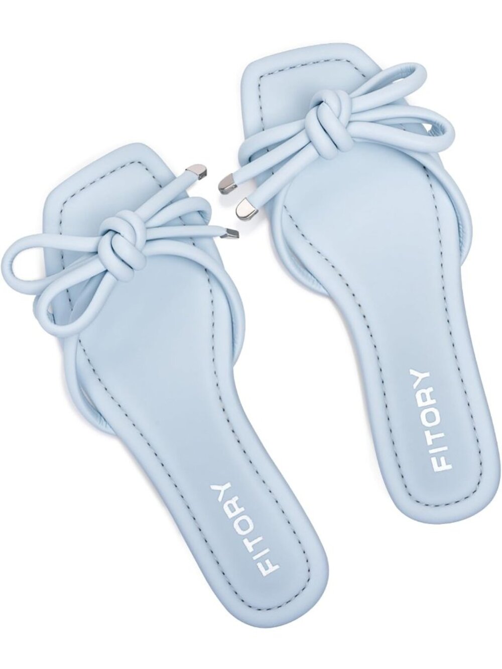🆕Women's Blue Flat Sandals Square Open Toe Slide with Cute Knot for Casual